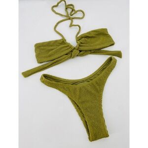 Somer Field Swim Bikini Set Womens S/M Olive Green Textured Smocked High Cut